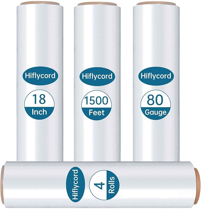 Stretch Film 18 Inch x 1500FT, Shrink Wrap Roll 80 Gauge, 800% Industrial by Hiflycord