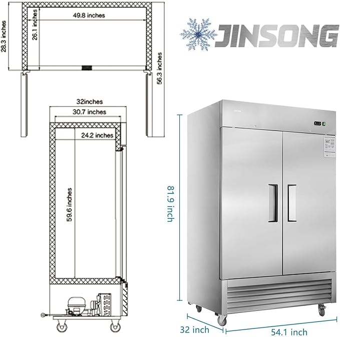 JINSONG 54" Commercial Refrigerator, 49 Cu.Ft Stainless Steel Reach-in Fridge - Image 4