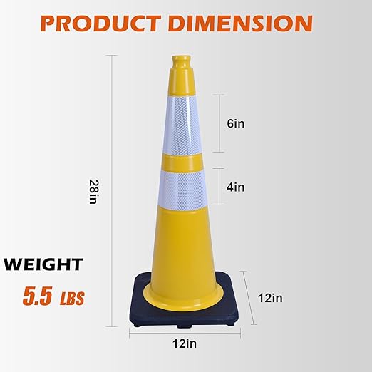 4 Pack 28 Inch Yellow PVC Traffic Cones Black Base Stable Flexible, Road Safety - Image 2