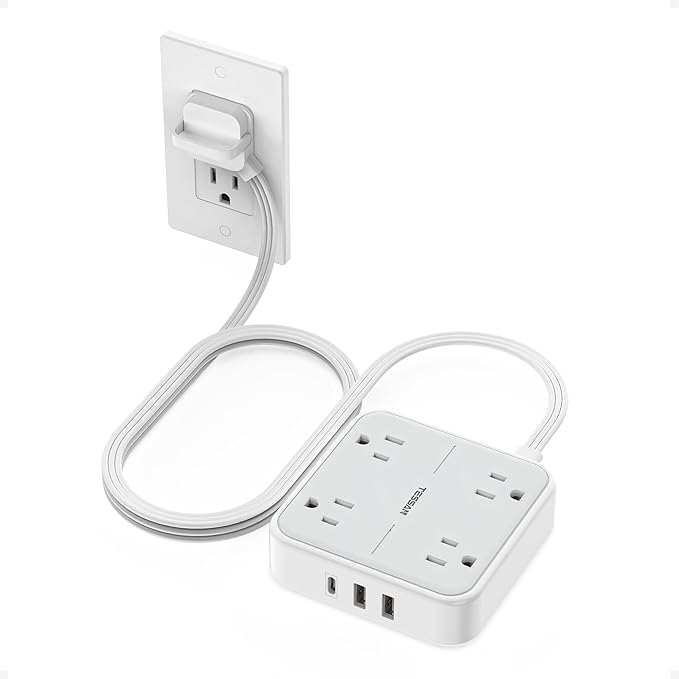 Flat Plug Extension Cord 5 Ft, TESSAN Surge Protector Power Strip Ring Pull by TESSAN