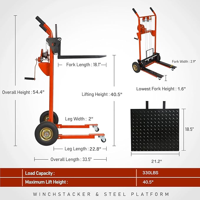 Material Lift Winch Stacker, 330 lbs Capacity Table Cart, 40.5" Lifting Height - Image 2