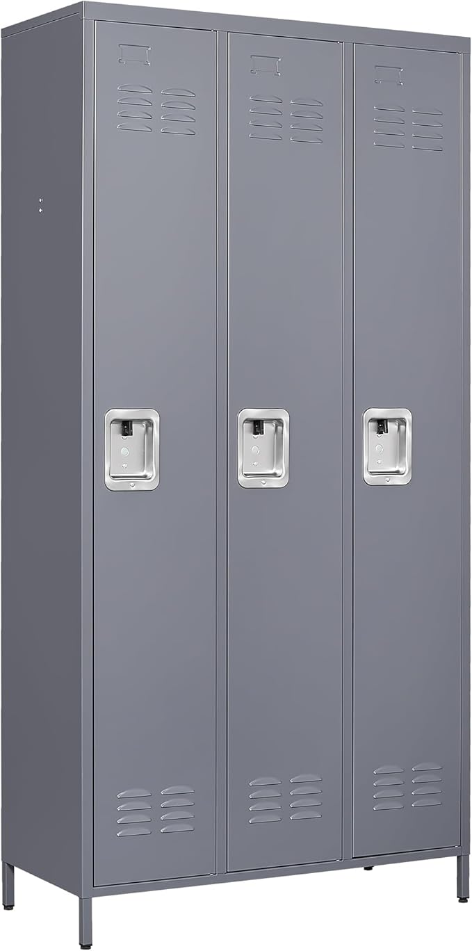 72" Tall Employee Locker with Shelves and Hooks 3 Doors Steel Sports Locker by OPTYMIRA