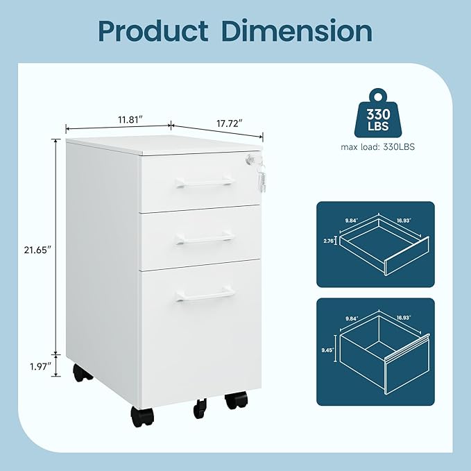 MIIIKO White Filing Cabinet 3 Drawers Under Desk, Metal File Cabinet - Image 3