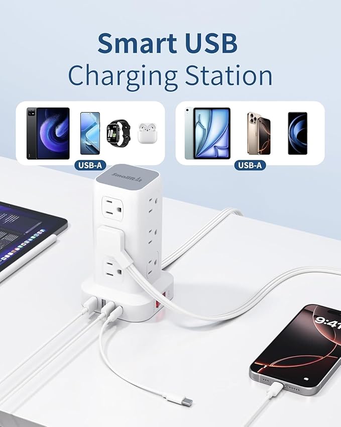 Power Strip Tower, 16.5 Ft Flat Plug Extension Cord, 16 in 1 Power Bars - Image 7