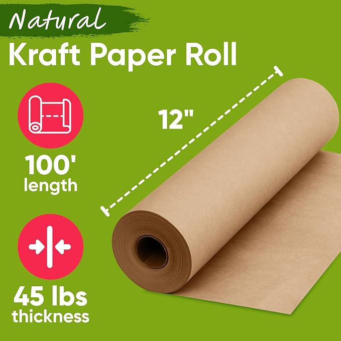 USA Made 12" x 1200" Brown Kraft Paper Roll, 45 lbs Thickness, Kraft Paper - Image 2