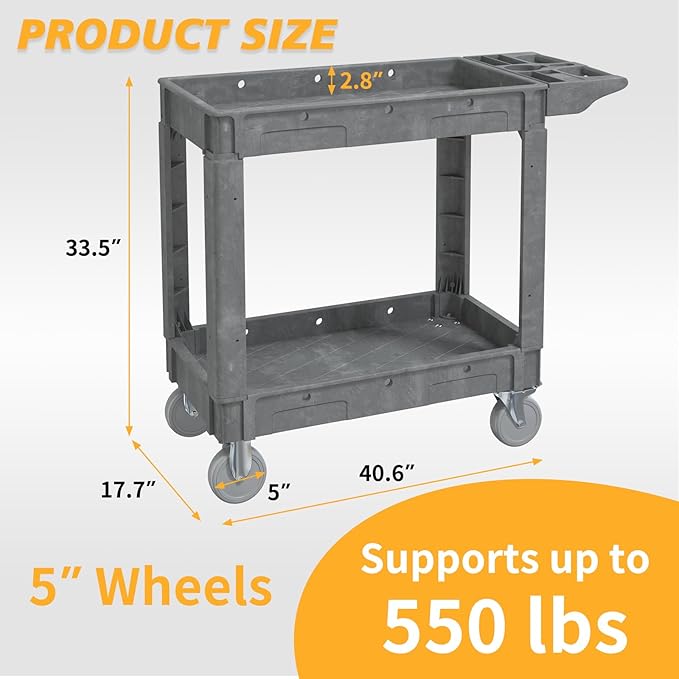 Utility Cart on Wheels, 2 Shelf Heavy Duty Plastic Rolling Cart, 550LBS - Image 2