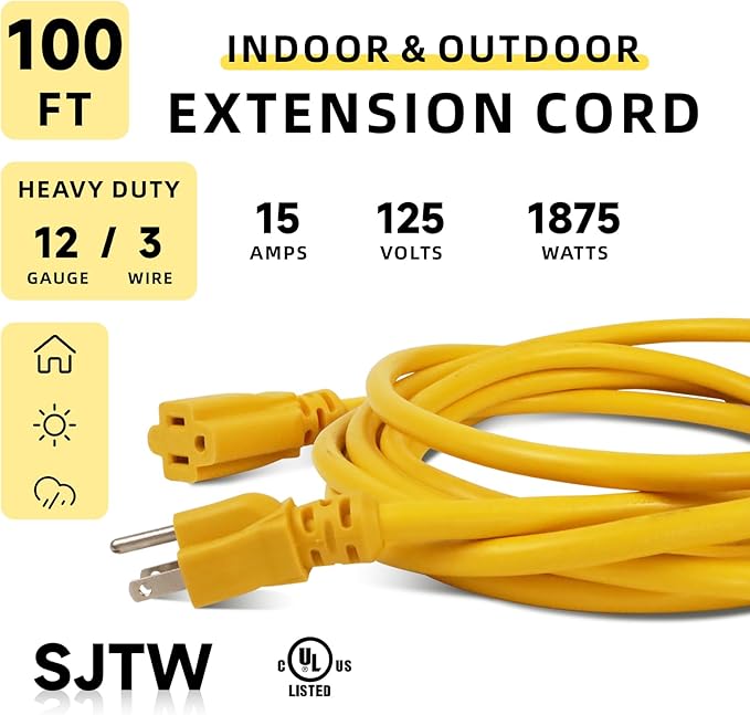 EP 100 Ft Outdoor Extension Cord, 12/3 SJTW Heavy Duty Extension Cable - Image 2