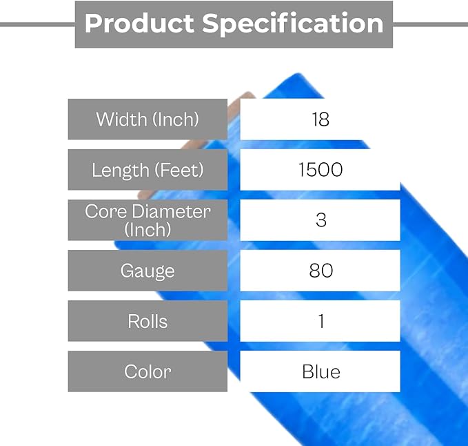PSBM Blue Cast Stretch Wrap, 1 Pack, 18 Inch x 1500 Feet, 80 Gauge, Plastic - Image 2