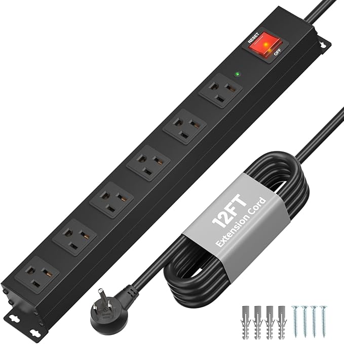 KF 6 Outlet Metal Wall Mount Power Strip, 2100J Surge Protection Heavy Duty by KF