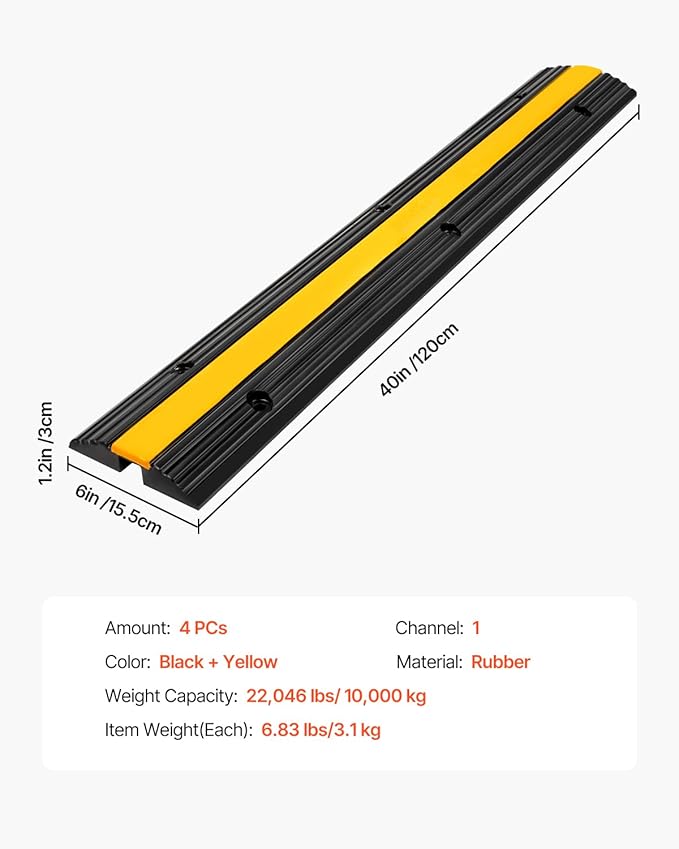 VEVOR 4 Pack of 1-Channel Rubber Cable Protector Ramps Heavy Duty 22046Lbs Load - Image 7