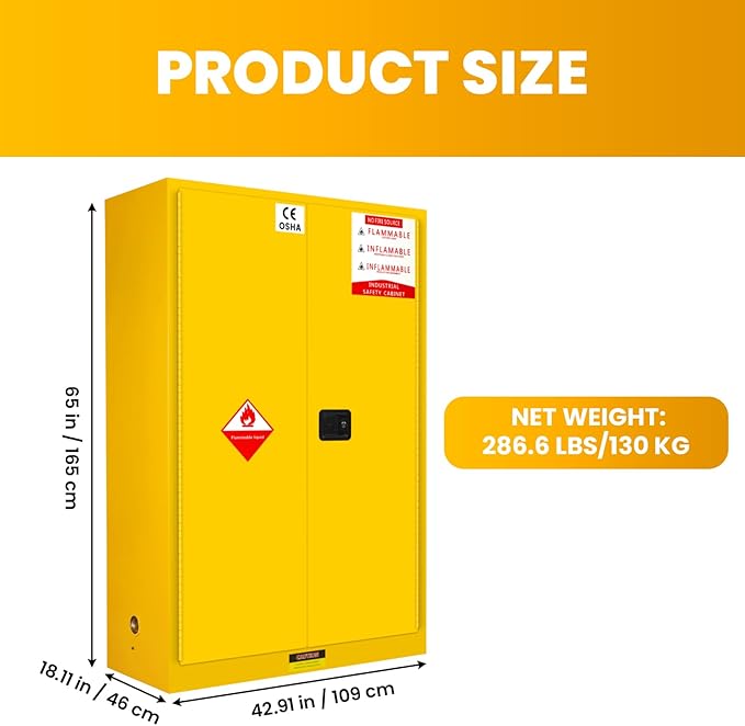 72 Gallon Yellow Flammable Storage Cabinet, Fireproof Steel Chemical Storage - Image 2