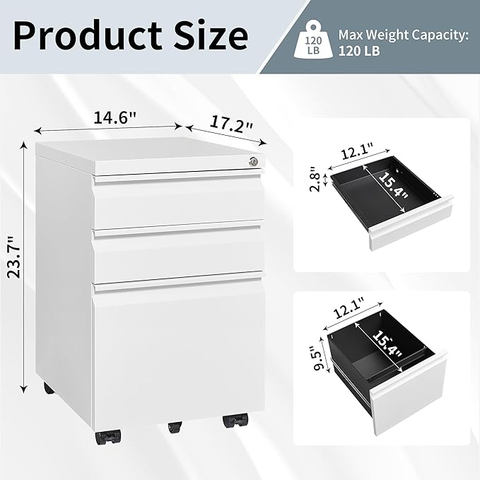 Mobile File Cabinet for Home Office, Lockable 3 Drawer Filing Cabinet - Image 3