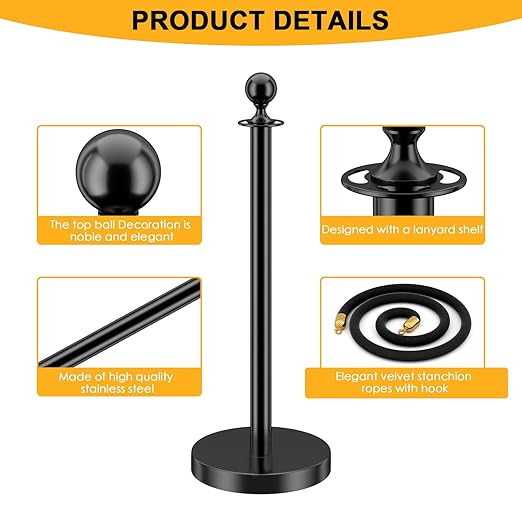 LOVMOR Stainless Steel Stanchion Post, 5 FT Black Carpet Ropes, Stanchion Post - Image 3