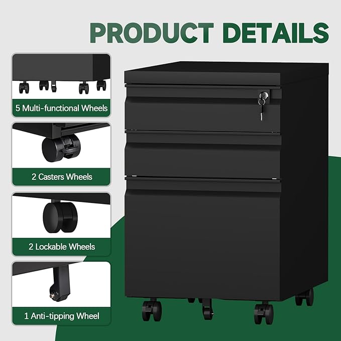 3 Drawer Black File Cabinet - Image 5