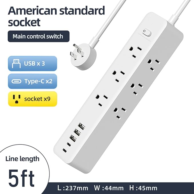 Surge Protector Power Strip, 9 Widely Spaced Outlets, 3 USB A & 2 USB C Ports - Image 7