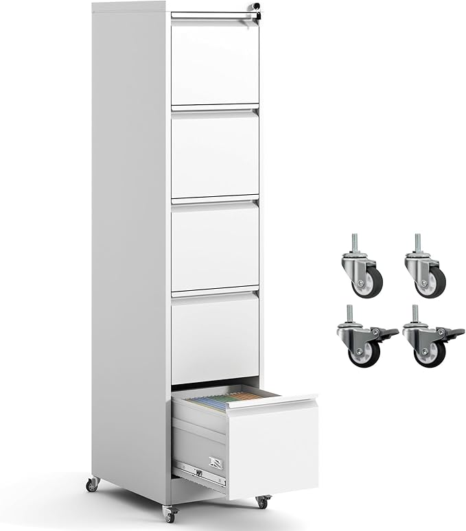 5 Drawer File Cabinet with Wheels, Metal Mobile Filing Cabinets with Lock by OPTYMIRA