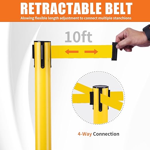 41" Yellow Crowd Control Stanchion Set, Stable Heavy-Duty Rubber Base - Image 3