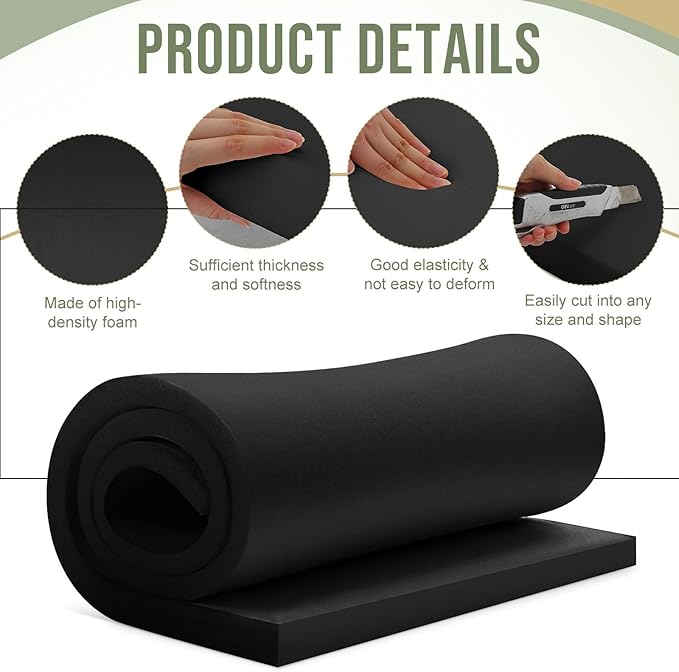 Frienda 2 Pcs Upholstery Foam 1" x 24" x 72" High Density Cushion Black - Image 5