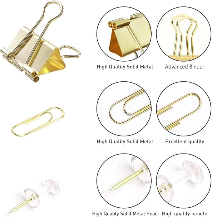 Gold Paper Binder and Clips Set, Metal Assorted Sized Binders - Image 4