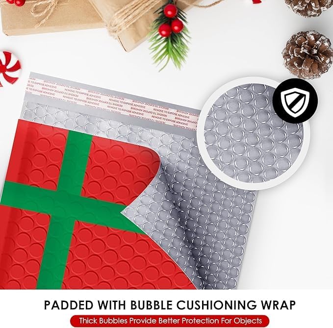 Christmas Poly Bubble Mailers | #4 Cushion Mailer, 9.5x14.5" | Self Seal | - Image 4