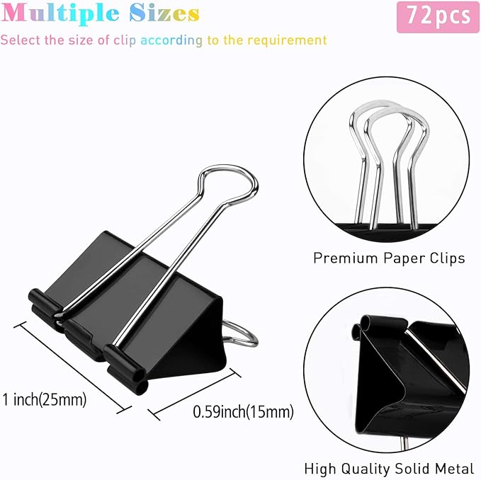 Medium Binder Clips, 72 Pack, 1 Inch, Standard 25mm, Small Fold Clamp, Capacity - Image 2