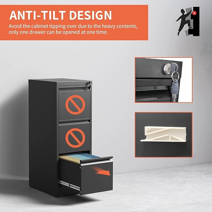 3 Drawer File Cabinet with Lock, Metal Vertical Filing Cabinets - Image 4