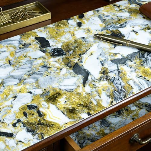 Drawer and Shelf Liner - Yellow Black Marble Pattern Non Adhesive - Image 4