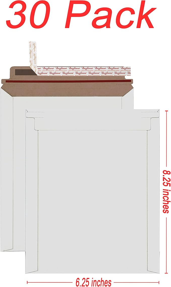 Rigid Mailers 30 Pack 6.25 x 8.25 inches White Self Seal Stay Flat Bulk - Image 2