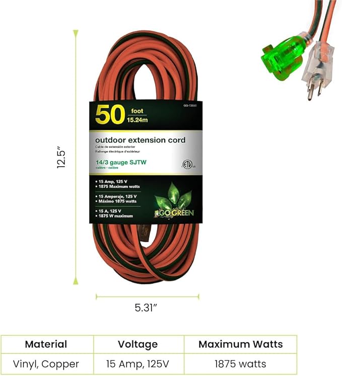 Go Green Power Inc. 14/3 50ft Outdoor Lighted Extension Cord - Image 2