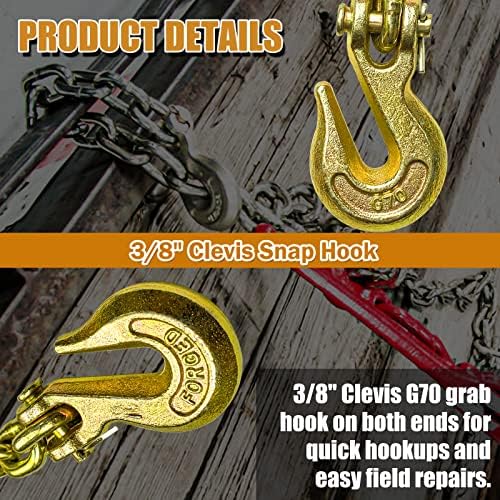 G80 Transport Binder Chain 5/16 Inch x 20 Foot | Tow Chain with Clevis Grab Hooks | 4,900 lbs Safe Working Load | Heavy Duty Chain for Transporting Towing (5/16'' x 20FT (Yellow Zinc)) - Image 5