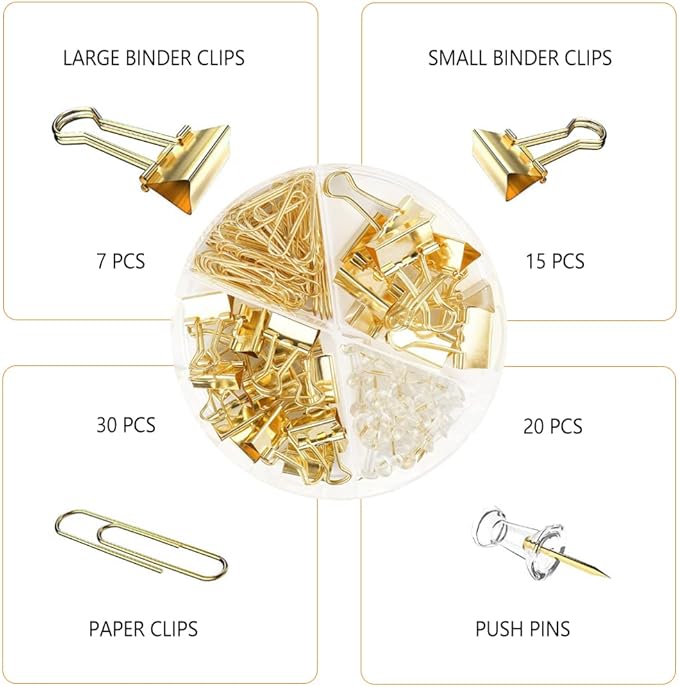 Gold Paper Binder and Clips Set, Metal Assorted Sized Binders - Image 3