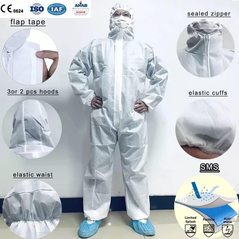 keebomed Hazmat suit, Chemical Protective Coverall, Category III, Type A, Microporous,Hood, Elastic Wrists and Ankles, Zipper - Image 7