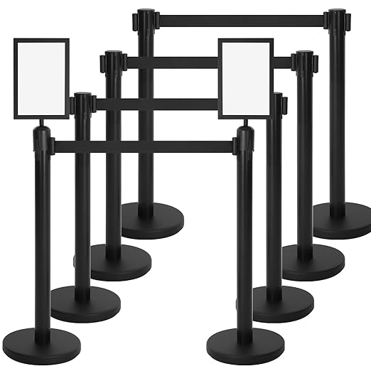 Therwen 8 Pcs Stanchions with 8.2 ft Retractable Belt Black Crowd Control by Therwen