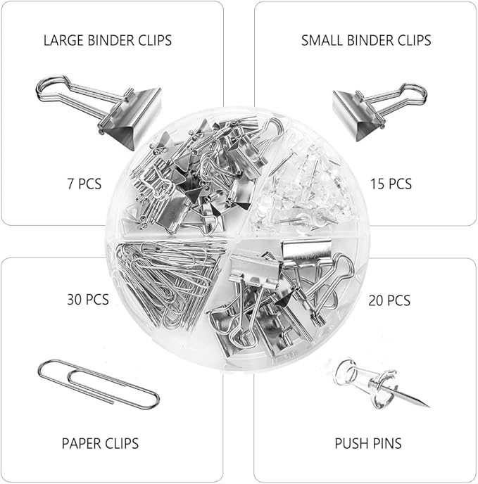 Silver Binder Clips and Paper Clips Push Pins Tacks Sets, Total 72 PCS Assorted - Image 2