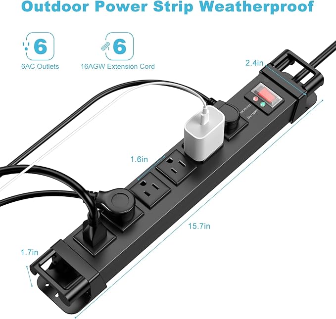 IPX6 Outdoor Power Strip Weatherproof, 6 Outlet Metal Surge Protector Wall - Image 4