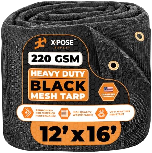 Xpose Safety Heavy Duty Mesh Tarp – 12’ x 16’ Multipurpose Black Protective Cover with Air Flow - Use for Tie Downs, Shade, Fences, Canopies, Dump Trucks – Tear Resistant by XposeSafety