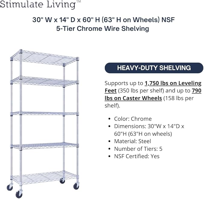 30"x14"x60" PRIME HEAVY DUTY Chrome 5-Tier Wire Shelving 1, 750 LBS MAX - Image 4
