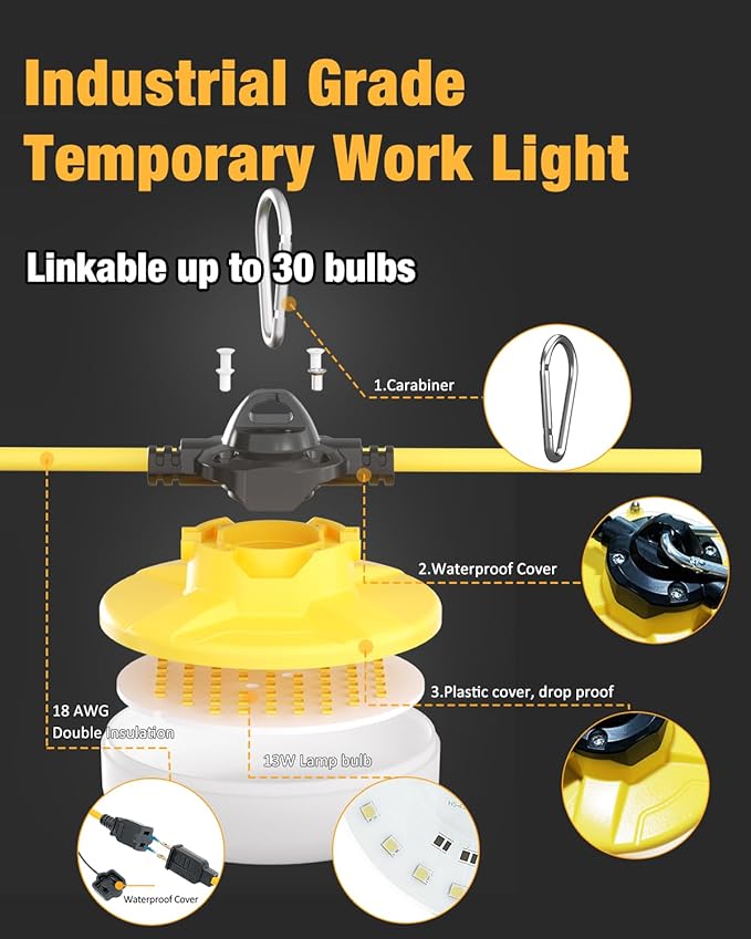 100FT LED Construction String Lights 3 Prong, 130W 16000Lm LED String Work - Image 3
