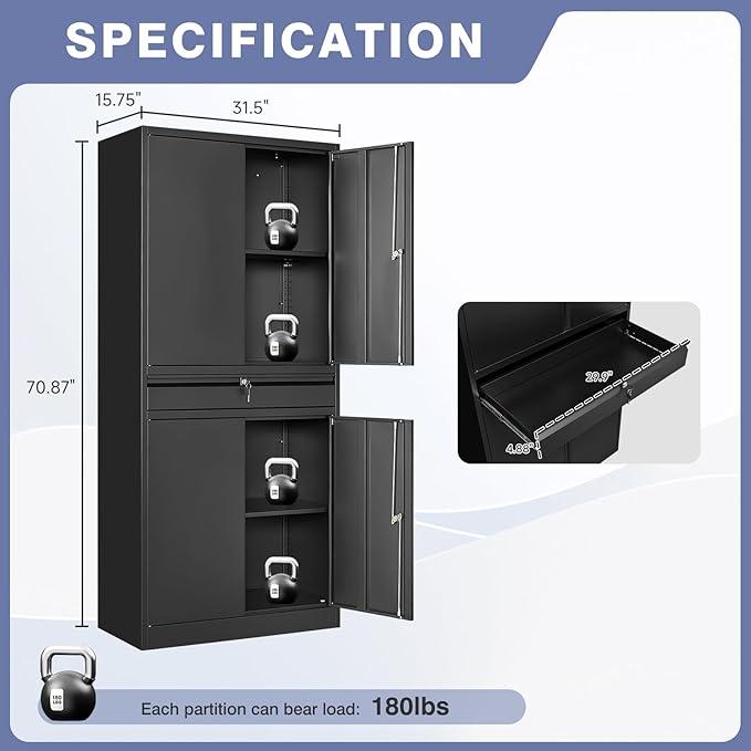 Metal Storage Cabinet with with Drawer, Garage Storage Cabinet with Locking - Image 3