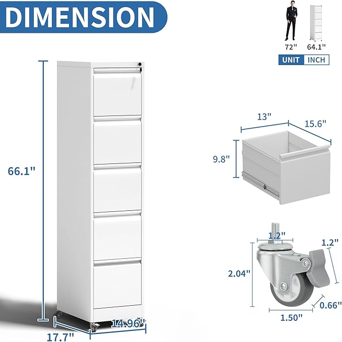 5 Drawer Mobile File Cabinet, Metal Filing Cabinet - Image 3