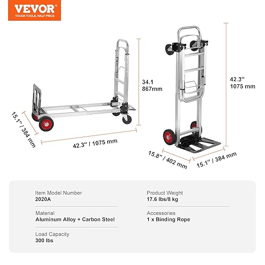 VEVOR Aluminum Folding Hand Truck, 2 in 1 Design 400 lbs Capacity, Heavy Duty - Image 8