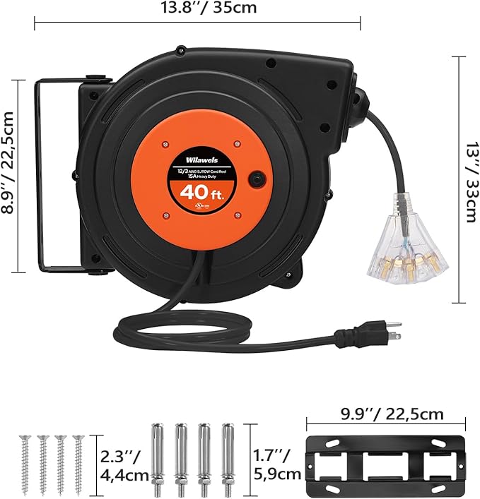 Retractable Extension Cord Reel, 40 FT Heavy Duty Power Cord, 12AWG/3C SJTOW - Image 8