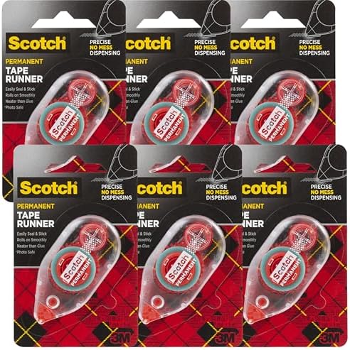 3M 6061 Scotch Double Sided Adhesive Roller Tape Runner, Permanent, Acid-Free, Photo-Safe Adhesive for Scrapbooking, Photo Mounting, and Crafts, 0.27 in x 26 ft per Roller, Pack of 6 by ScotchBrand