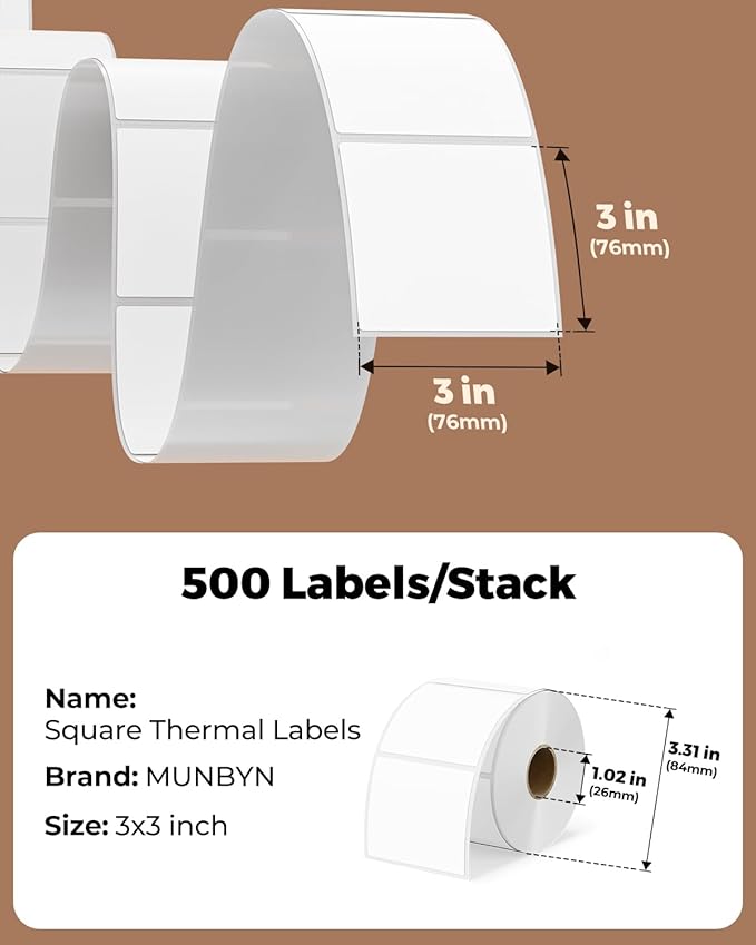 MUNBYN 3"x3" Square Thermal Labels, Compatible - Image 2
