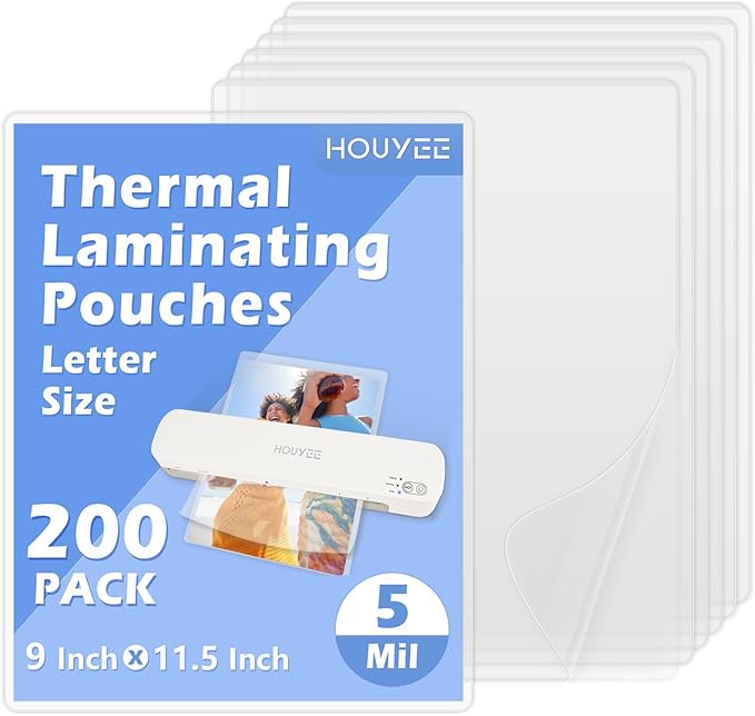 HOUYEE 200 Pack 5 Mil Thermal Laminating Sheets, Hold 8.5 x 11 Inch Sheets by HOUYEE