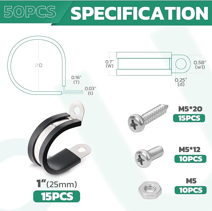 15PCS 1 Inch Cable Clamps with 35PCS Screws Assortment Kit 304 Stainless Steel - Image 2