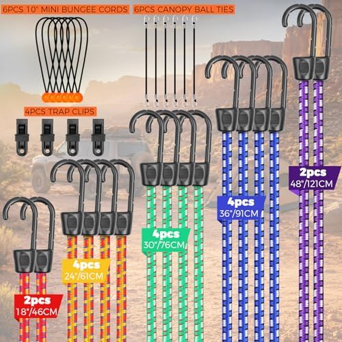 32-Piece Bungee Cords with Hooks - 18" 24" 30" 36" 48" Bungee Cords Heavy Duty Outdoor, 10" Mini Elastic Cord Straps, Canopy Tarp Ball Ties, Tarp Clips, with Storage Bag - Image 2