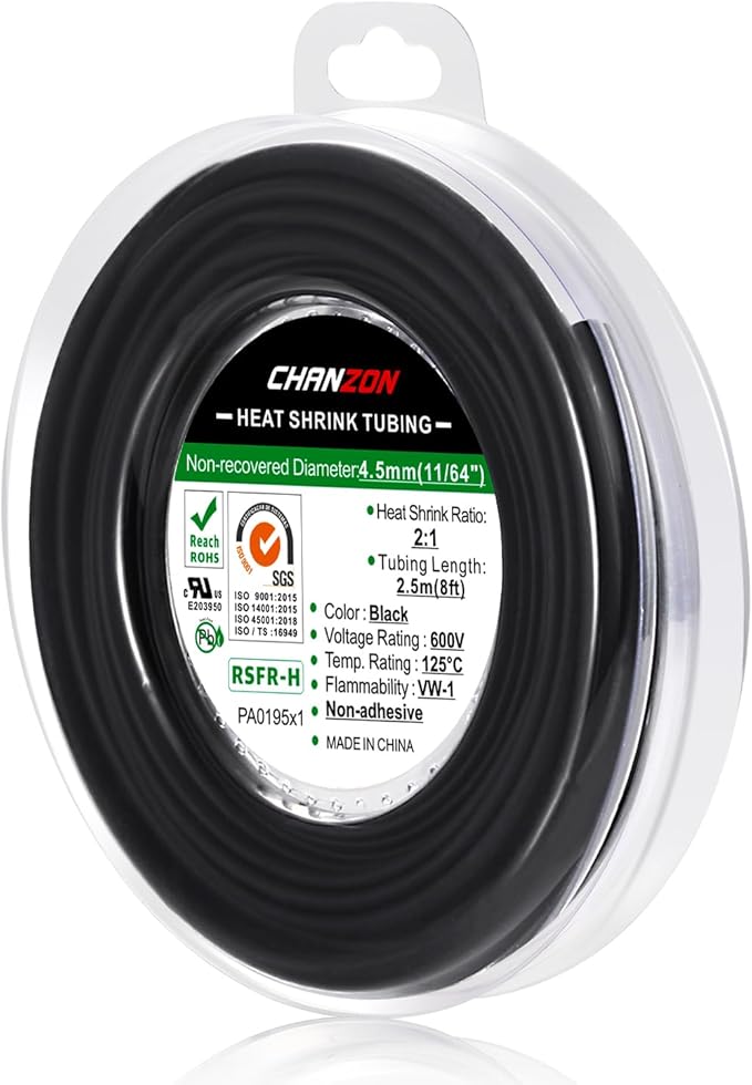 Chanzon 2:1 Ratio 11/64" Heat Shrink Tubing 8Ft Roll Black Polyolefin Sleeving by Chanzon