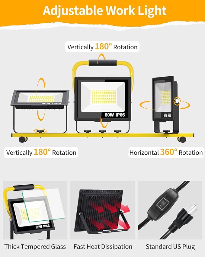 26400LM LED Work Lights with Stand, 3 Adjustable Head Portable Worklight with - Image 7