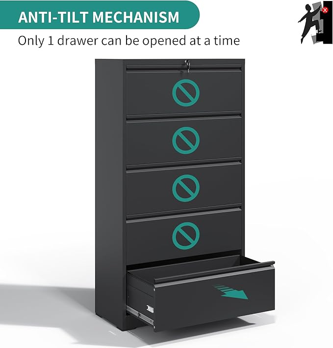 5 Drawer Lateral File Cabinet, Metal Filing Cabinets - Image 4